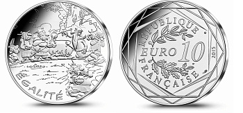 Франция 10 евро 2015 серия Астерикс и свобода, друид Панорамикс (Panoramix) разливает волшебный напиток, в оригинальном буклете KM NEW серебро UNC 1-4-3-28