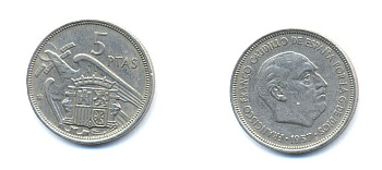 ИСПАНИЯ 5 ПЕСЕТ 1957 (73) ФРАНСИСКО ФРАНКО ДИКТАТОР ИСПАНИИ (1939-1975) KM 786 медно-никель 54-1234