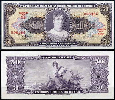 Бразилия 5 сентаво 1966 надпечатка на 50 крузейро, серия 938, Estampa 2A, Жетулиу Варгас Pick 184 a бумага UNC (пресс) 2196-39-1-2