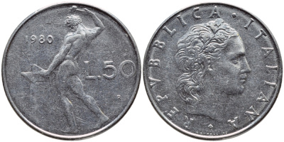 ИТАЛИЯ 50 ЛИР 1980 R, КУЗНЕЦ KM 95.1 сталь 4397-534