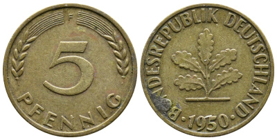 ФРГ 5 ПФЕННИГОВ 1950 F KM 107, J.382 сталь плакированная латунью 26-1057