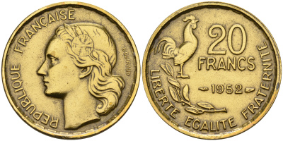 Франция 20 франков 1952  KM 917.1 алюминиевая бронза    4153-512