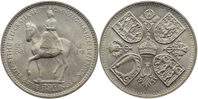 Великобритания 1 крона (5 шиллингов) 1953 коронация королевы Елизаветы, Елизавета II (1952-2022) Елизаветы KM 894, Spink 4136 медно-никель UNC 36-632