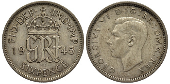Великобритания 6 пенсов 1945 Георг VI (1936-1952) KM 852, Spink 4084 серебро 4538-554
