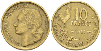 Франция 10 франков 1951 петух KM 915.1, Le Franc 363.4 алюминиевая бронза 175-631