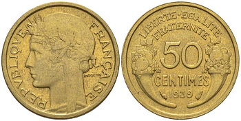 ФРАНЦИЯ 50 САНТИМОВ 1939 ТИП MORLON KM 894.1, LE FRANC 192.15 алюминиевая бронза 44-864