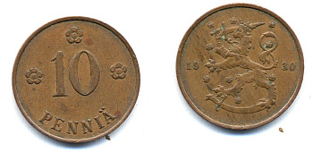 Финляндия 10 пенни 1930 республика (1918-1962) KM 24 медь 51-5321