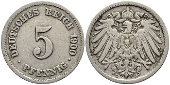 ГЕРМАНИЯ 5 ПФЕННИГОВ 1900 G KM 11, Jager 12, Weege 6 медно-никель 4547-415