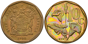 ЮАР 10 центов 1990 цветок KM 135 сталь плакированная латунью PROOF 00-000-00
