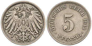 Германия 5 пфеннигов 1913 A, KM 11, J. 12 медно-никель 220-664