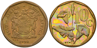 ЮАР 10 центов 1990 цветок KM 135 сталь плакированная латунью PROOF 00-000-00