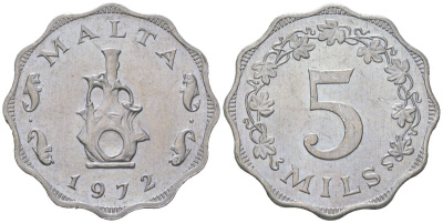 Мальта 5 милей 1972 KM 7 алюминий aUNC 4511-243