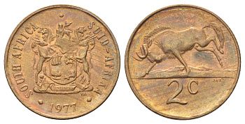 ЮАР 2 цента 1977 герб, антилопа гну KM 83 бронза UNC 4695-1042