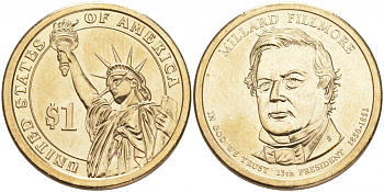 США 1 ДОЛЛАР 2010 P, СЕРИЯ ПРЕЗИДЕНТЫ США - МИЛЛАРД ФИЛЛМОР (1850-1853) KM 475 медь с марганцево-латунным покрытием UNC M31-11