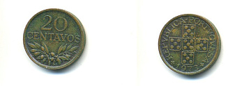 ПОРТУГАЛИЯ 20 СЕНТАВО 1973 KM 595 бронза 80-829
