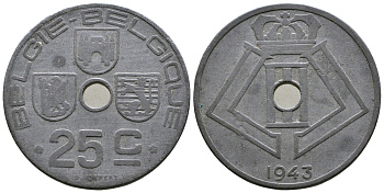 БЕЛЬГИЯ 25 САНТИМОВ 1943 BELGIE-BELGIQUE, ГЕРМАНСКАЯ ОККУПАЦИЯ, ВТОРАЯ МИРОВАЯ ВОЙНА KM 132 цинк 4379-121