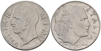 ИТАЛИЯ 20 ЧЕНТЕЗИМО 1940 R, ГОД XVIII, ВИКТОР ЭММАНУИЛ III (1900-1946), МАГНИТНАЯ, ГУРТ РИФЛЁНЫЙ KM 75b, VEM3. 1025 нержавеющая сталь 3853-521