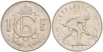 ЛЮКСЕМБУРГ 1 ФРАНК 1964 СТАЛЕВАР KM 46.2 медно-никель 212-1121