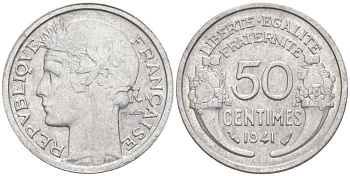 ФРАНЦИЯ 50 САНТИМОВ 1941 ТИП MORLON LOURDE KM 894.1a, LE FRANC 193.2 алюминий 44-323