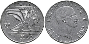 ИТАЛИЯ 50 ЧЕНТЕЗИМО 1941 R, ВИКТОР ИМАНУИЛ, XIX ГОД, МАГНИТНАЯ KM 76b нержавеющая сталь 89-425