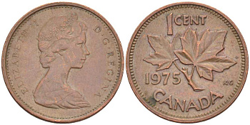 Канада 1 цент 1975 Елизавета II (1952-2022), кленовый лист KM 59.1 бронза 54-437