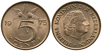 Нидерланды 5 центов 1975 Юлиана (1949-1980) KM 181 бронза 177-236