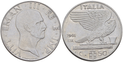 ИТАЛИЯ 50 ЧЕНТЕЗИМО 1941 ВИКТОР ИМАНУИЛ III, НЕ МАГНИТНАЯ KM 76b нержавеющая сталь 31-1047