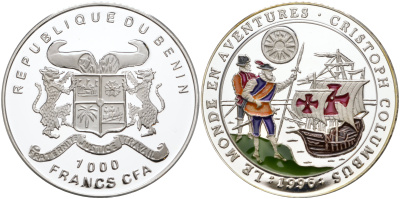 Бенин 1000 франков 1996 Христофор Колумб, цветная эмаль серебро PROOF 00-000-00
