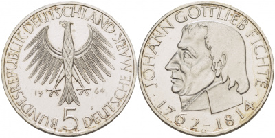 ФРГ 5 марок 1964 J, 150 лет со дня смерти Иоганна Готлиба Фихте J. 393, KM 118.1 серебро UNC 650-1222