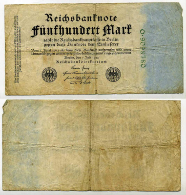 Германия 500 марок 1922 зеленая серия, 7 цифр в номере Pick 74 b бумага 7146-39-3-2