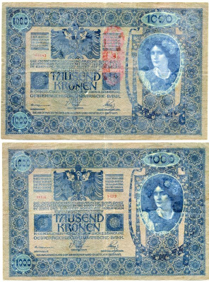 АВСТРИЯ 1000 КРОН 1919 КРАСНАЯ ВЕРТИКАЛЬНАЯ НАДПЕЧАТКА НА 1902 Pick 59 бумага 7146-59-2-1