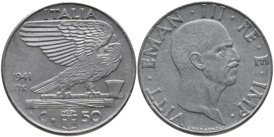 ИТАЛИЯ 50 ЧЕНТЕЗИМО 1941 R, ВИКТОР ИМАНУИЛ, XIX ГОД, МАГНИТНАЯ KM 76b нержавеющая сталь 89-425