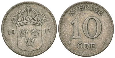 Швеция 10 эре 1917 W, Густав V (1907-1950) KM 780 серебро 4611-364