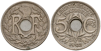 Франция 5 сантимов 1922 KM 875 медно-никель 4602-157