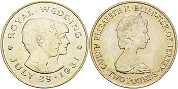 Джерси 2 фунта 1981 королевская свадьба принца Чарльза и леди Дианы Спенсер, 29 июля 1981 года KM 52 медно-никель 4527-231