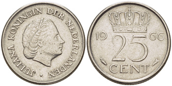 Нидерланды 25 центов 1966 Юлиана (1949-1980) KM 183 никель 3458-227