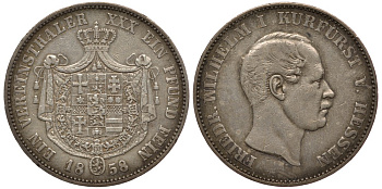 Гессен-Кассель 1 талер 1858 Фридрих Вильгельм I (1847-1866) КМ 621.2, Jaeger 48 b, T. 190, AKS 62, K. 257 серебро 00-000-00