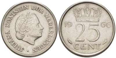 Нидерланды 25 центов 1966 Юлиана (1949-1980) KM 183 никель 3458-227