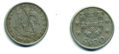 ПОРТУГАЛИЯ 5 ЭСКУДО 1964 ПАРУСНИК KM 591 медно-никель 51-4422