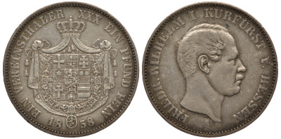 Гессен-Кассель 1 талер 1858 Фридрих Вильгельм I (1847-1866) КМ 621.2, Jaeger 48 b, T. 190, AKS 62, K. 257 серебро 00-000-00