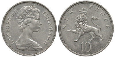 Великобритания 10 пенсов 1971 Елизавета II (1952-2022) KM 912, Spink 4231 (F1) медно-никель 4131-334