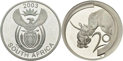 ЮАР 20 центов 2003 серия животный мир Африки, носорог, только в наборах, тираж 700 экземпляров KM 357 серебро PROOF 11-178-45