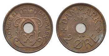 Дания 2 эре 1939 N, Кристиан X (1912-1947) KM 827 бронза 4701-913