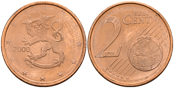 Финляндия 2 евроцента 2000  KM 99 сталь плакированная медью  UNC  4564-367