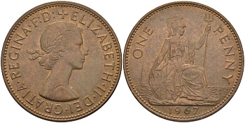 Великобритания 1 пенни 1967 Елизавета II (1952-2022) KM 897, Spink 4157 бронза 97-1121