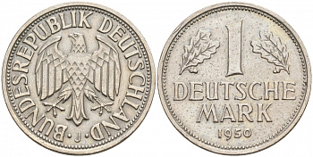 ФРГ 1 марка 1950 J, KM 110, J. 385 медно-никель 3853-132
