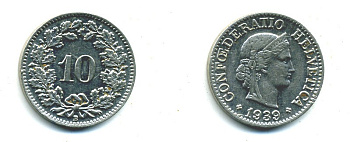 Швейцария 10 раппенов 1939 B KM 27b никель     29-1142