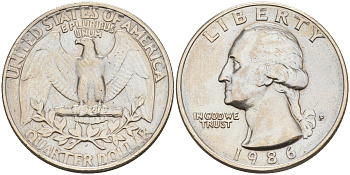 США 25 ЦЕНТОВ = КВОТЕР 1986 P, ВАШИНГТОН KM А164a медь плакированная медно-никелем 190-345