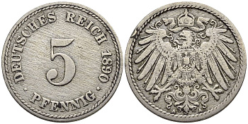 ГЕРМАНИЯ 5 ПФЕННИГОВ 1890 A KM 11, Jager 12, Weege 6 медно-никель 4547-317