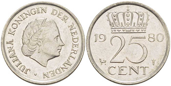 НИДЕРЛАНДЫ 25 ЦЕНТОВ 1980 ЮЛИАНА (1948-1980) KM 183 никель 214-1124